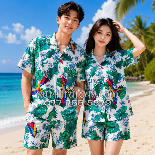 Bộ Áo Sơ Mi Quần Short Tropical Họa Tiết Chim Vẹt Lá Xanh