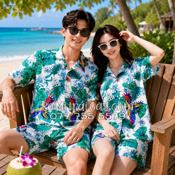 Bộ Áo Sơ Mi Quần Short Tropical Họa Tiết Chim Vẹt Lá Xanh