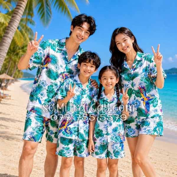 Bộ Áo Sơ Mi Quần Short Tropical Họa Tiết Chim Vẹt Lá Xanh