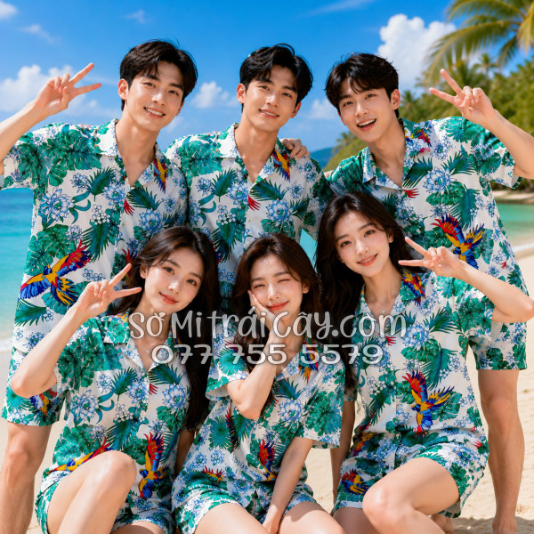 Bộ Áo Sơ Mi Quần Short Tropical Họa Tiết Chim Vẹt Lá Xanh