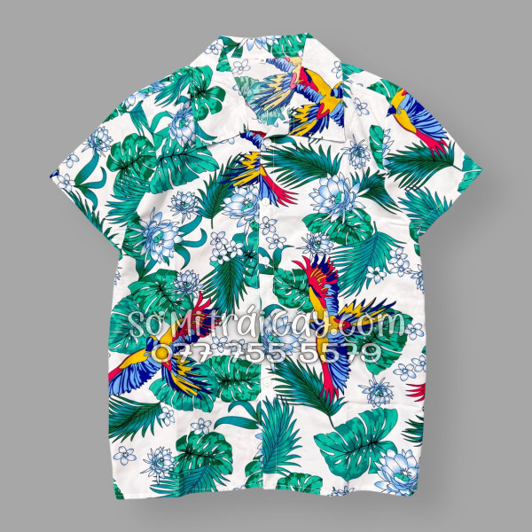 Bộ Áo Sơ Mi Quần Short Tropical Họa Tiết Chim Vẹt Lá Xanh