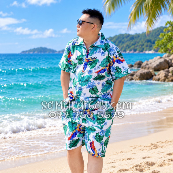 Bộ Áo Sơ Mi Quần Short Tropical Họa Tiết Chim Vẹt Lá Xanh