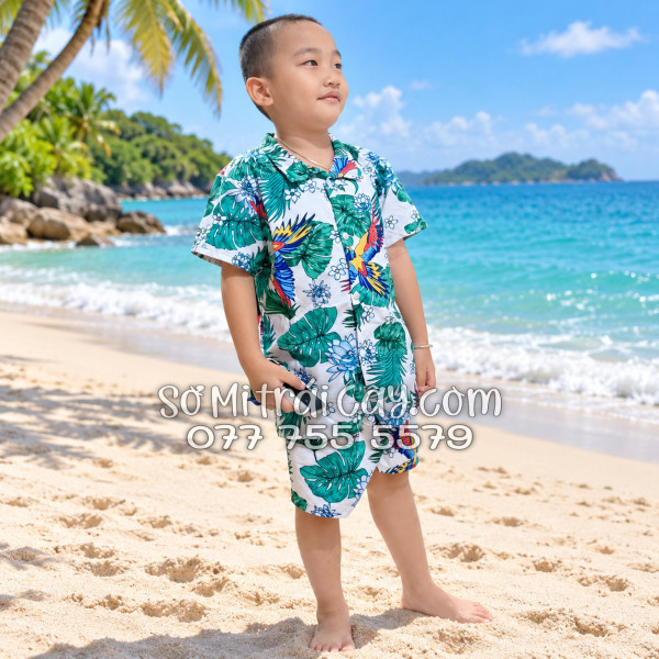 Bộ Áo Sơ Mi Quần Short Tropical Họa Tiết Chim Vẹt Lá Xanh