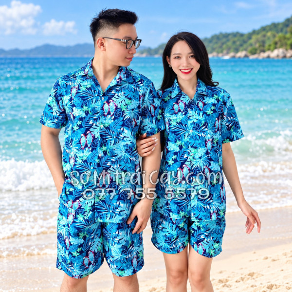 Bộ Áo Sơ Mi Quần Short Tropical Họa Tiết Vẹt Xanh