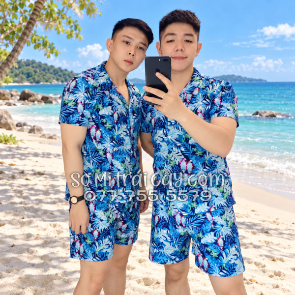 Bộ Áo Sơ Mi Quần Short Tropical Họa Tiết Vẹt Xanh