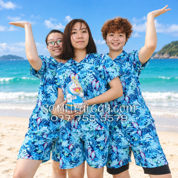 Bộ Áo Sơ Mi Quần Short Tropical Họa Tiết Vẹt Xanh
