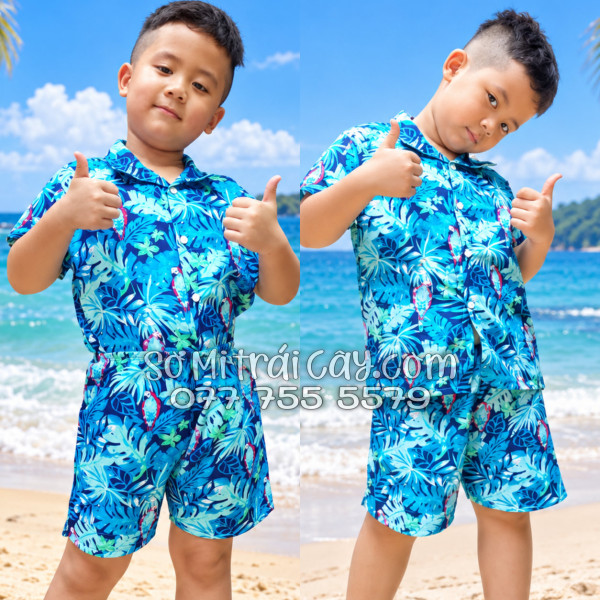 Bộ Áo Sơ Mi Quần Short Tropical Họa Tiết Vẹt Xanh