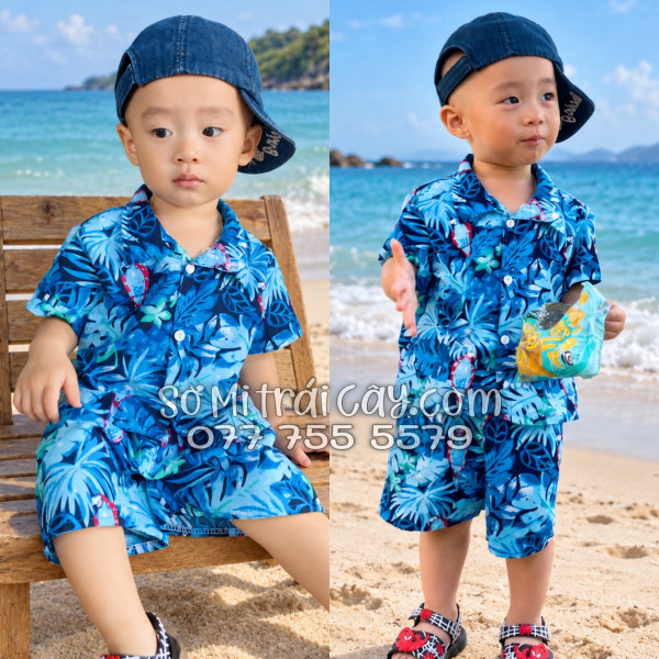 Bộ Áo Sơ Mi Quần Short Tropical Họa Tiết Vẹt Xanh
