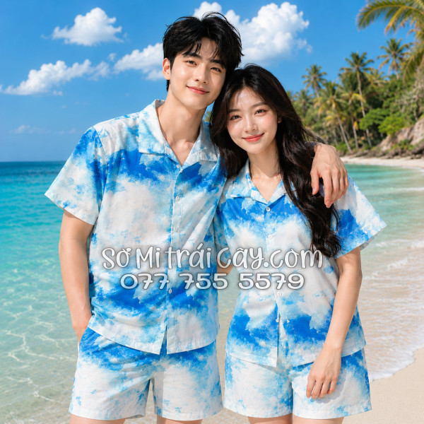 Bộ Áo Sơ Mi Quần Short Đi Biển Họa Tiết Mây Trắng Xanh