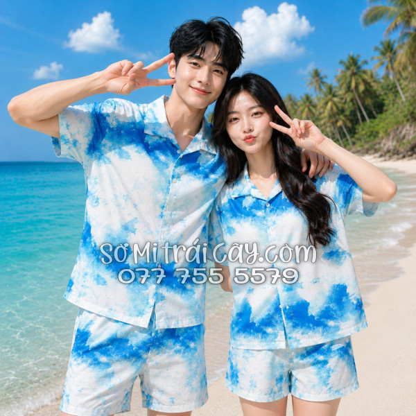 Bộ Áo Sơ Mi Quần Short Đi Biển Họa Tiết Mây Trắng Xanh