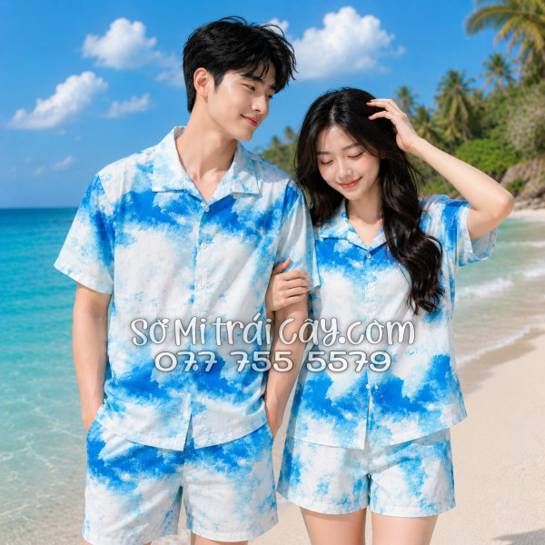 Bộ Áo Sơ Mi Quần Short Đi Biển Họa Tiết Mây Trắng Xanh