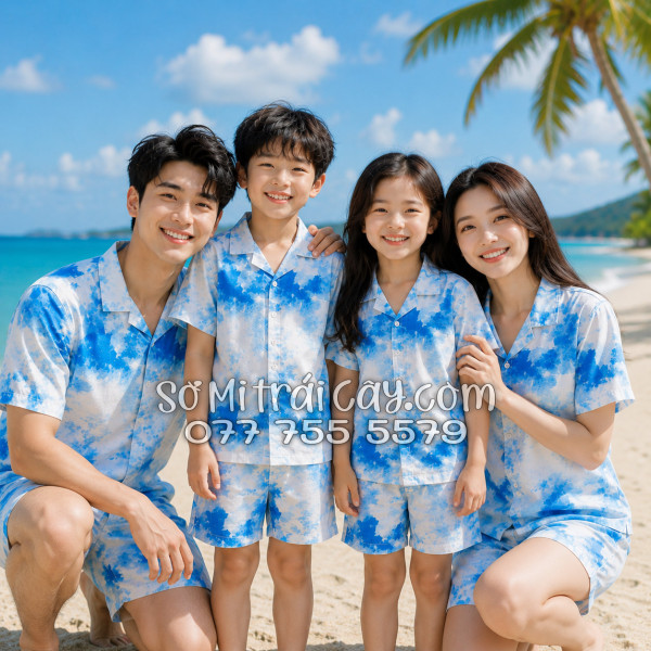 Bộ Áo Sơ Mi Quần Short Đi Biển Họa Tiết Mây Trắng Xanh