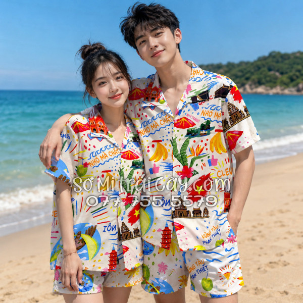 Bộ Áo Sơ Mi Quần Short Tropical Du Lịch Hà Nội Sài Gòn Đà Nẵng Phú Quốc Phan Thiết Mũi Né Nha Trang Vũng Tàu Màu Kem Nhạt