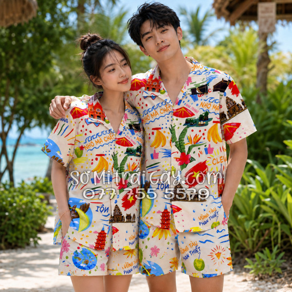 Bộ Áo Sơ Mi Quần Short Tropical Du Lịch Hà Nội Sài Gòn Đà Nẵng Phú Quốc Phan Thiết Mũi Né Nha Trang Vũng Tàu Màu Kem Nhạt