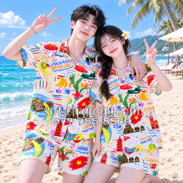 Bộ Áo Sơ Mi Quần Short Tropical Du Lịch Hà Nội Sài Gòn Đà Nẵng Phú Quốc Phan Thiết Mũi Né Nha Trang Vũng Tàu Màu Kem Nhạt