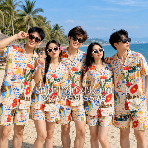 Bộ Áo Sơ Mi Quần Short Tropical Du Lịch Hà Nội Sài Gòn Đà Nẵng Phú Quốc Phan Thiết Mũi Né Nha Trang Vũng Tàu Màu Kem Nhạt