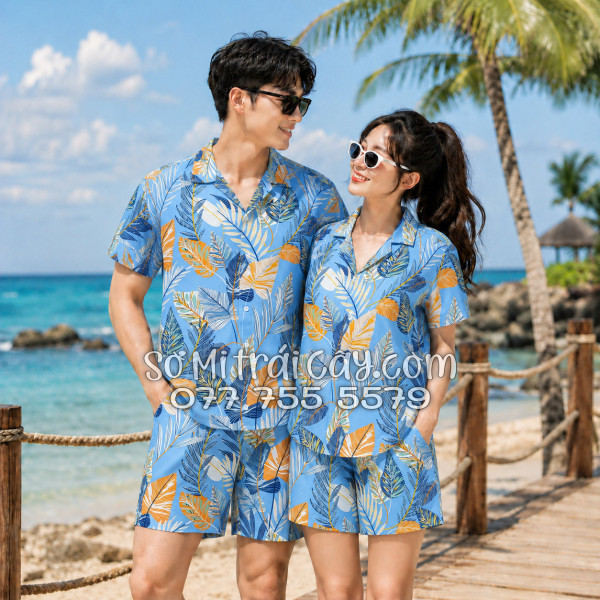Bộ Áo Sơ Mi Quần Short Tropical Họa Tiết Lá Môn Xanh