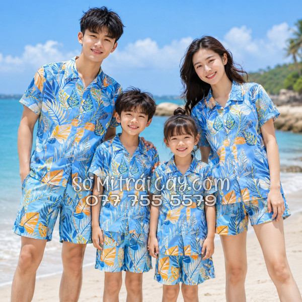 Bộ Áo Sơ Mi Quần Short Tropical Họa Tiết Lá Môn Xanh