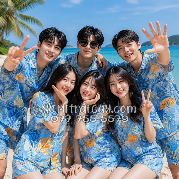 Bộ Áo Sơ Mi Quần Short Tropical Họa Tiết Lá Môn Xanh