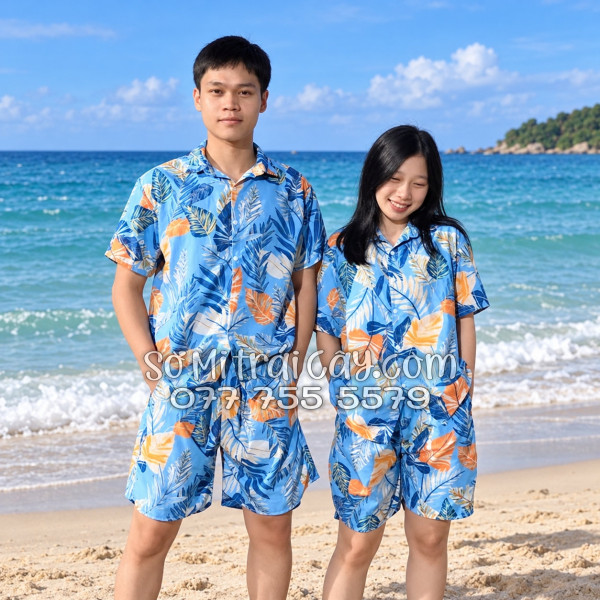 Bộ Áo Sơ Mi Quần Short Tropical Họa Tiết Lá Môn Xanh