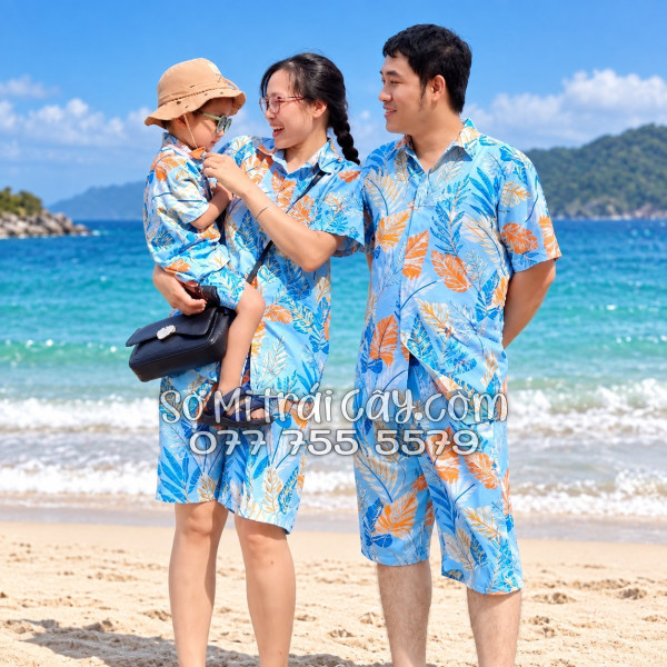 Bộ Áo Sơ Mi Quần Short Tropical Họa Tiết Lá Môn Xanh