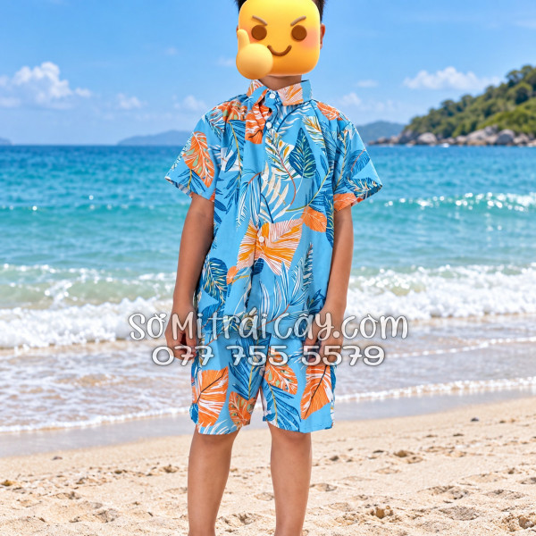Bộ Áo Sơ Mi Quần Short Tropical Họa Tiết Lá Môn Xanh