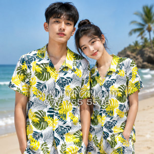 Bộ Áo Sơ Mi Quần Short Tropical Họa Tiết Lá Vàng