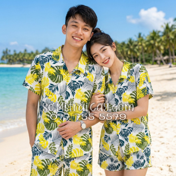 Bộ Áo Sơ Mi Quần Short Tropical Họa Tiết Lá Vàng