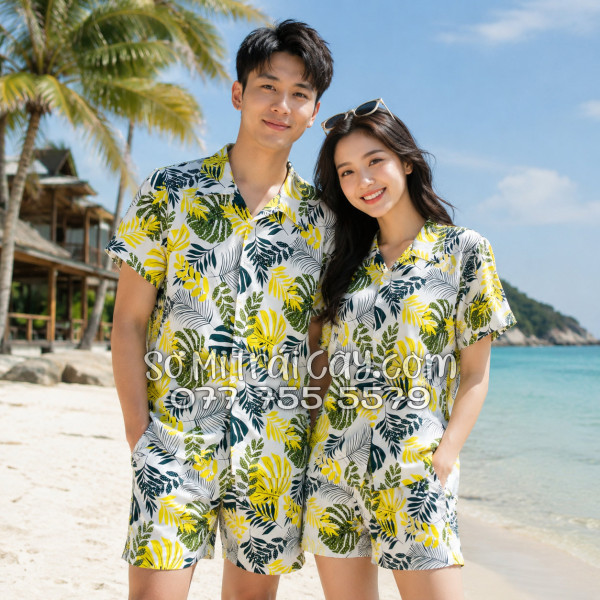 Bộ Áo Sơ Mi Quần Short Tropical Họa Tiết Lá Vàng