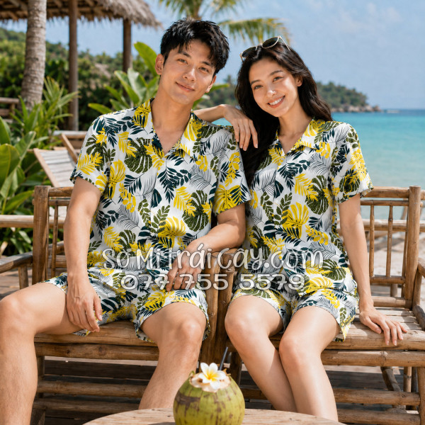 Bộ Áo Sơ Mi Quần Short Tropical Họa Tiết Lá Vàng