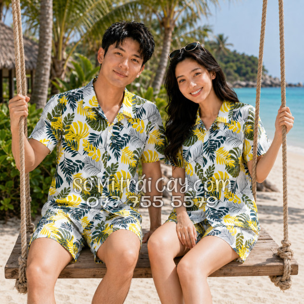 Bộ Áo Sơ Mi Quần Short Tropical Họa Tiết Lá Vàng
