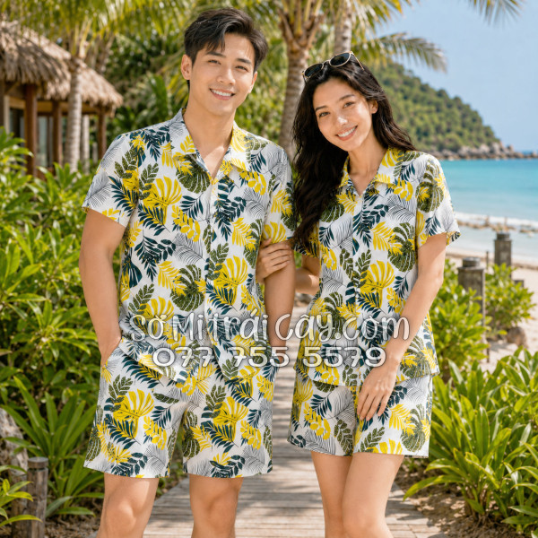 Bộ Áo Sơ Mi Quần Short Tropical Họa Tiết Lá Vàng