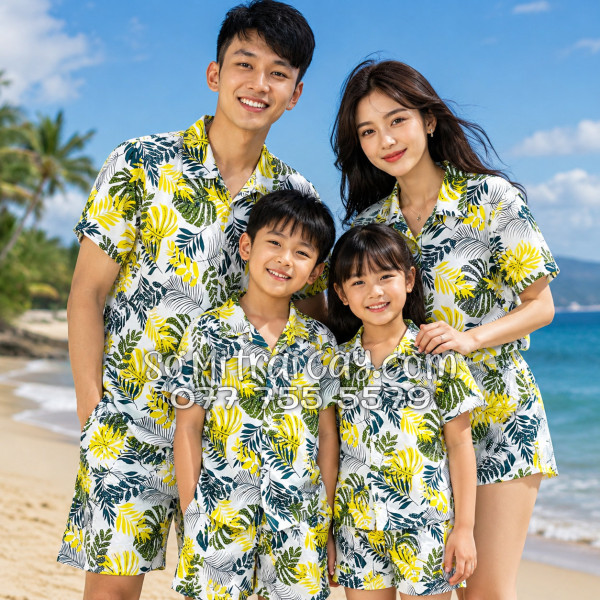 Bộ Áo Sơ Mi Quần Short Tropical Họa Tiết Lá Vàng