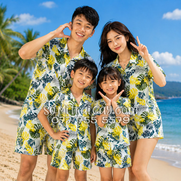 Bộ Áo Sơ Mi Quần Short Tropical Họa Tiết Lá Vàng