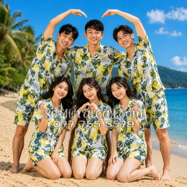 Bộ Áo Sơ Mi Quần Short Tropical Họa Tiết Lá Vàng