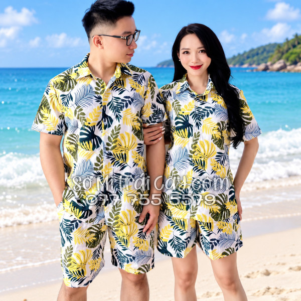 Bộ Áo Sơ Mi Quần Short Tropical Họa Tiết Lá Vàng