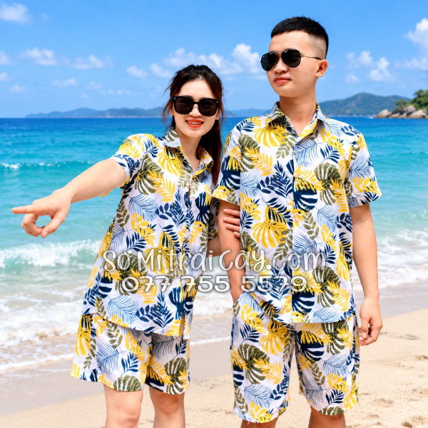 Bộ Áo Sơ Mi Quần Short Tropical Họa Tiết Lá Vàng