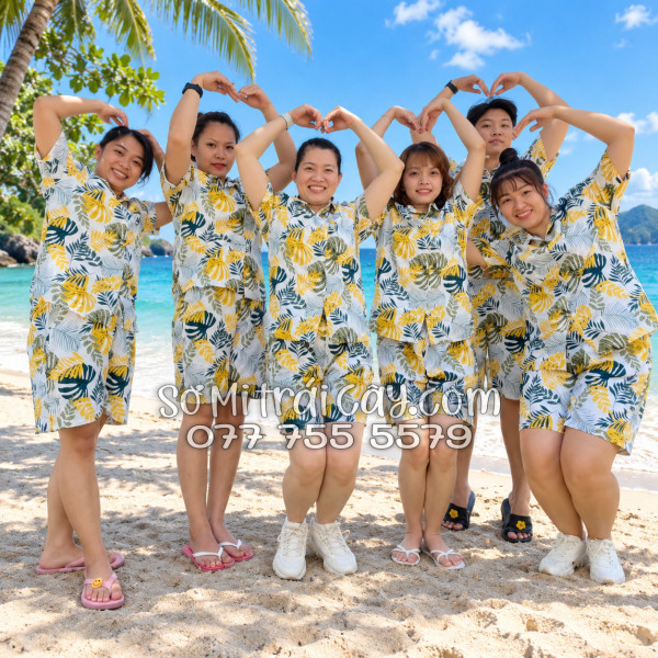Bộ Áo Sơ Mi Quần Short Tropical Họa Tiết Lá Vàng