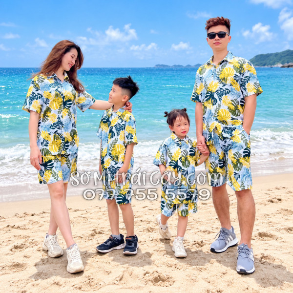 Bộ Áo Sơ Mi Quần Short Tropical Họa Tiết Lá Vàng