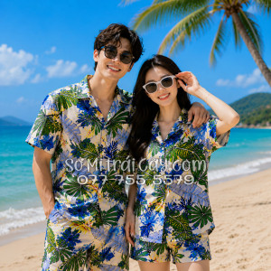 Bộ Áo Sơ Mi Quần Short Tropical Họa Tiết Lá Cọ