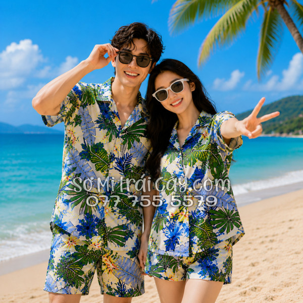 Bộ Áo Sơ Mi Quần Short Tropical Họa Tiết Lá Cọ