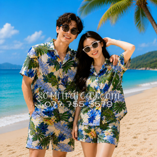 Bộ Áo Sơ Mi Quần Short Tropical Họa Tiết Lá Cọ