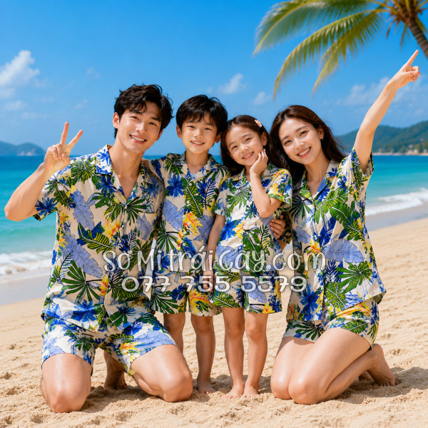 Bộ Áo Sơ Mi Quần Short Tropical Họa Tiết Lá Cọ
