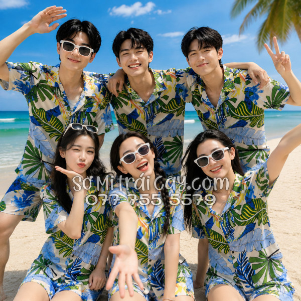 Bộ Áo Sơ Mi Quần Short Tropical Họa Tiết Lá Cọ