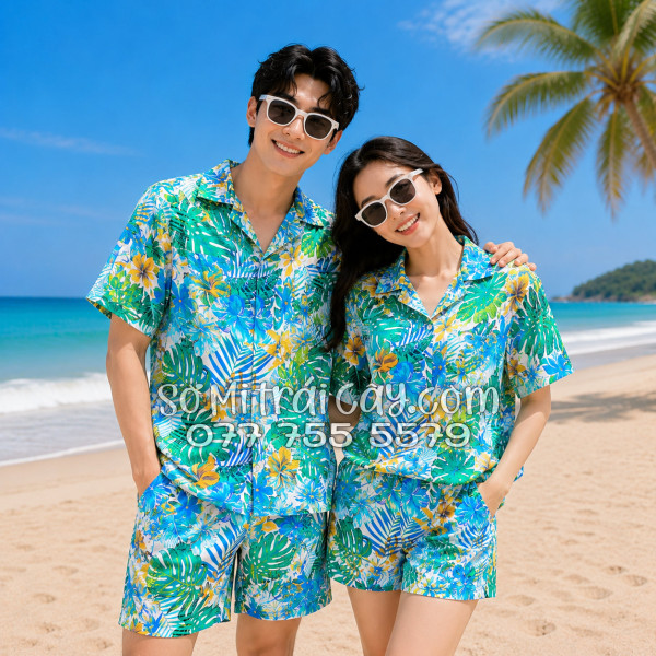 Bộ Áo Sơ Mi Quần Short Tropical Họa Tiết Lá Rùa