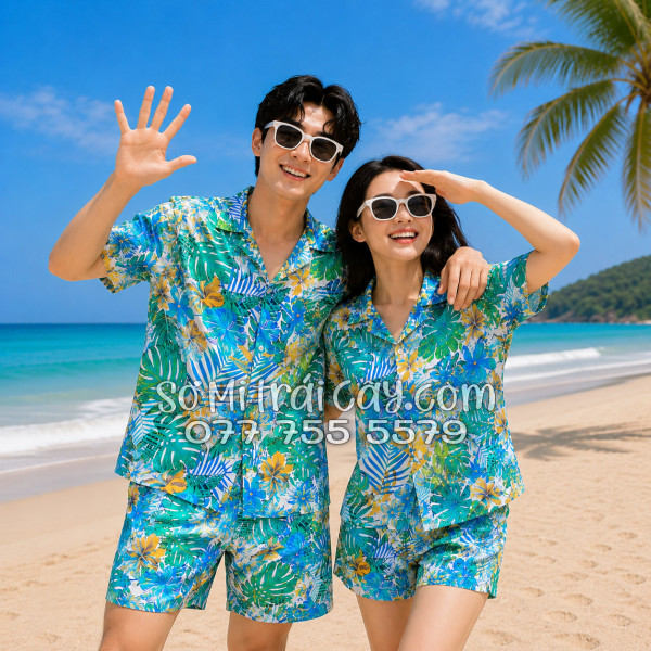 Bộ Áo Sơ Mi Quần Short Tropical Họa Tiết Lá Rùa