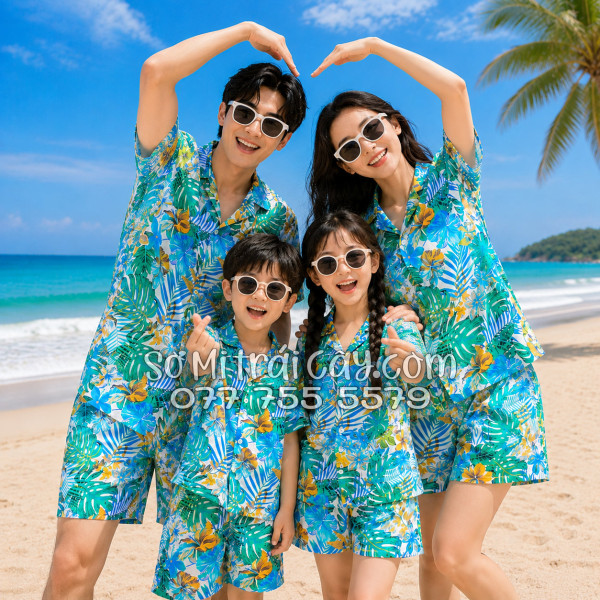 Bộ Áo Sơ Mi Quần Short Tropical Họa Tiết Lá Rùa