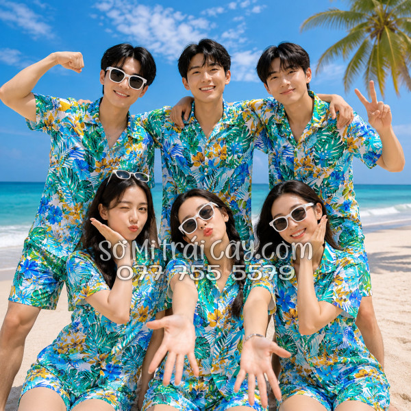 Bộ Áo Sơ Mi Quần Short Tropical Họa Tiết Lá Rùa