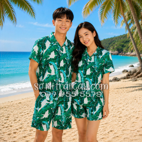 Bộ Áo Sơ Mi Quần Short Tropical Họa Tiết Lá Chuối