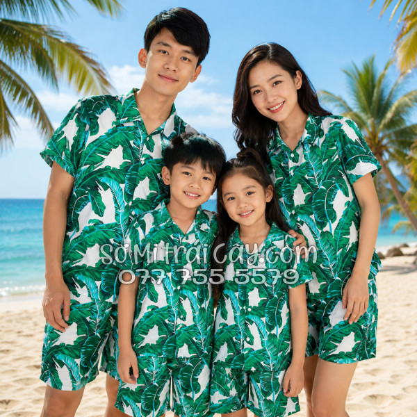 Bộ Áo Sơ Mi Quần Short Tropical Họa Tiết Lá Chuối